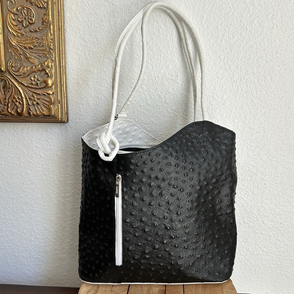 Italy Convertible Shoulder Bag Backpack 10 Inch Ostrich Leather Zip Black White